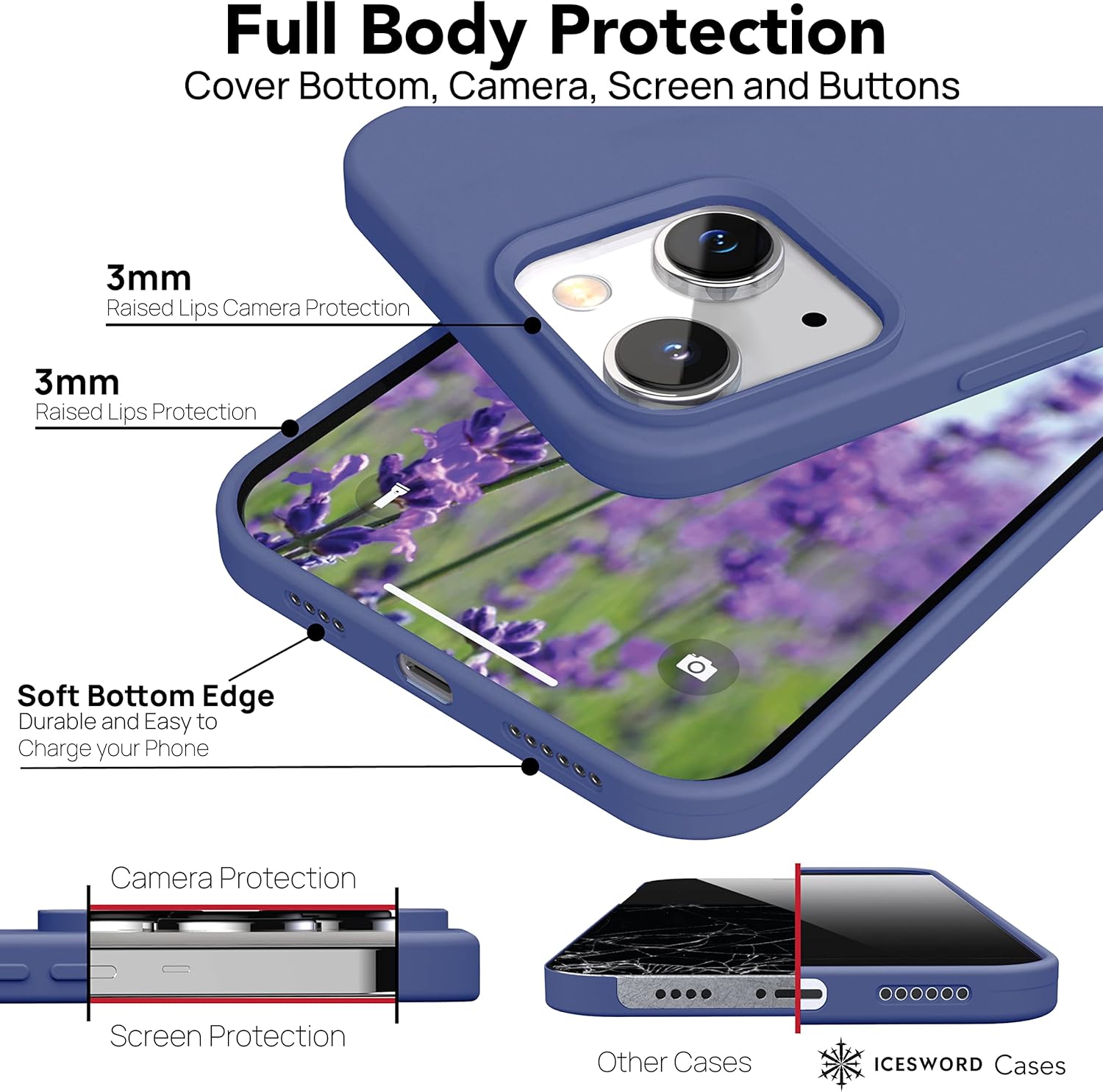 IceSword Compatible with iPhone 14 Case Lavender, Liquid Silicone Phone Case Cover Slim Protective, Soft Anti-Scratch, Lavender Gray Pastel Cute [Shockproof] 6.1 inch, iP14 - Lavender