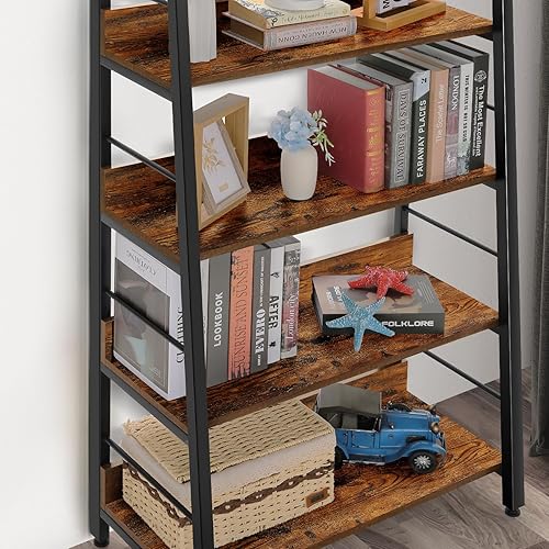 Miniatura 4 de BATHWA Estantería de escalera de 5 niveles, estantería industrial rústica de madera abierta de metal para sala de estar, dormitorio, oficina en