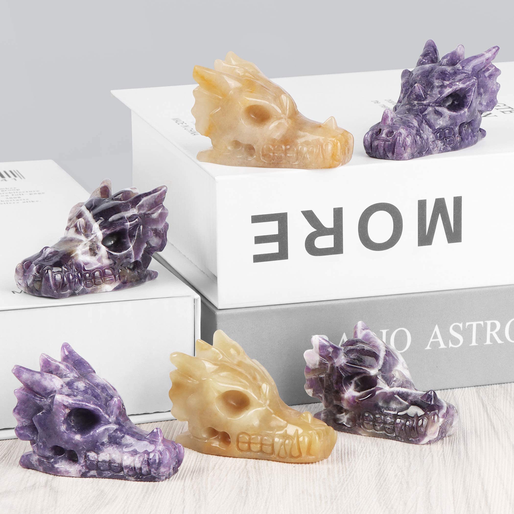 SMQ Amethyst Crystals Dragon Head Skull Statue Hand Carved Gem Purple Dragon Figurine Animal Carvings Collectible Healing Stones for Home Office Desk Decor(2 Inch)