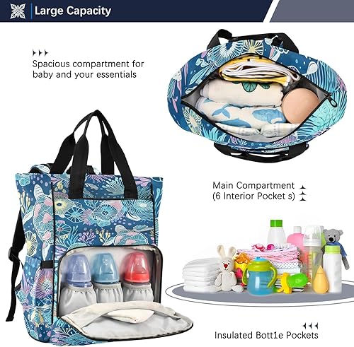 Miniatura 5 de Diaper Bag Backpack, Floral Print Nylon Multi-Pocket Mommy Bag with Wipe Pocket, 11.02x5.91x15.3 Inches, Navy Blue with Pink Flowers