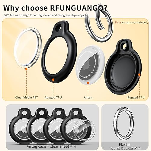 Miniatura 7 de RFUNGUANGO Paquete de 4 soportes para AirTag de Apple con llavero, funda protectora dura para niños, mascotas, equipaje, mochila y llave, paquete de