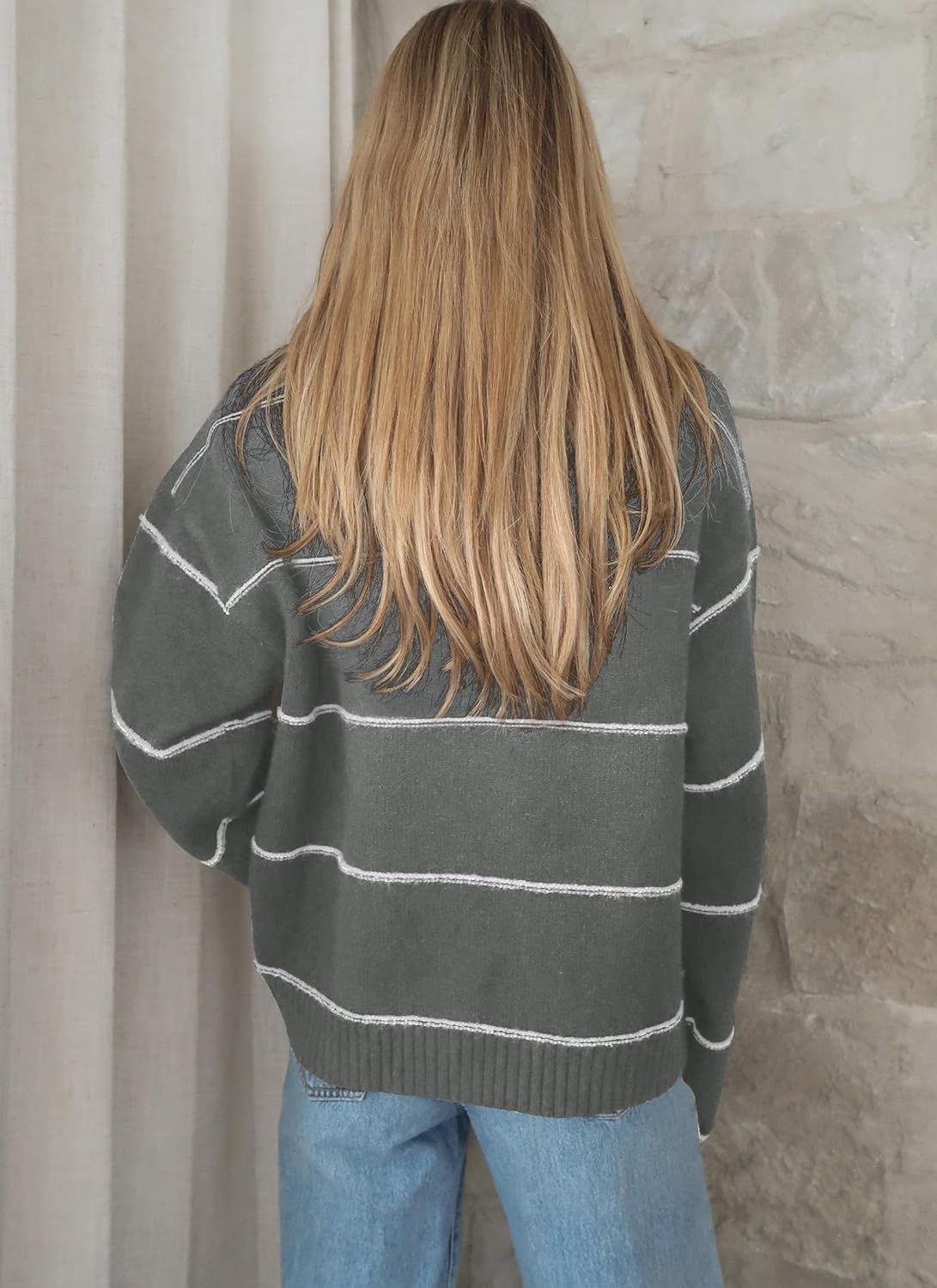 Balimtoy Striped Cardigan Sweaters for Women Trendy Long Sleeve Crewneck Button Up Sweater Fall Winter Outerwear - Image 3