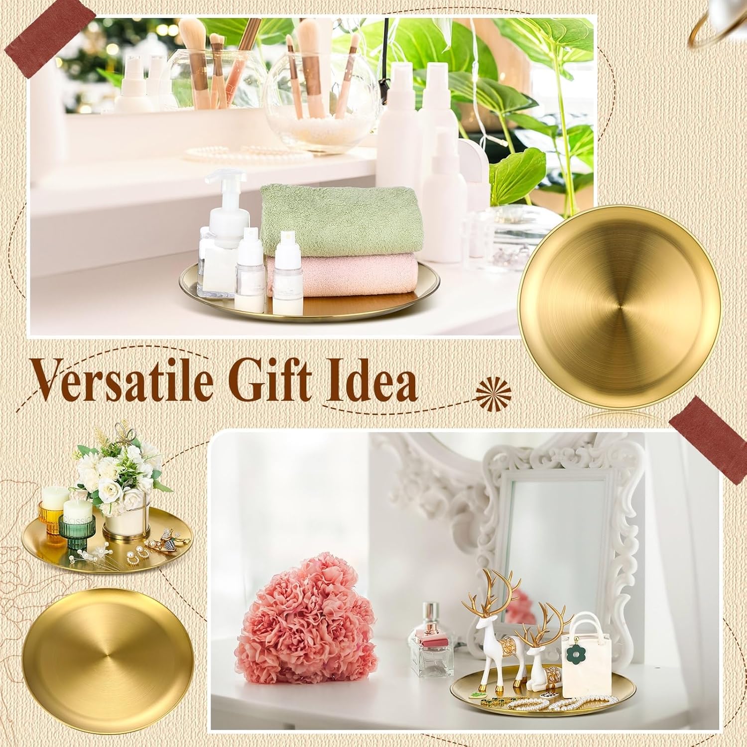 Nuogo 6 Pack Gold Tray Decorative Serving Decorative Gold Jewelry Bar Jewelry Dish Key Bowl Mirror Dresser Vanity Tray Makeup Organizer for Bathroom Candle Perfume Countertop(12 Inch)