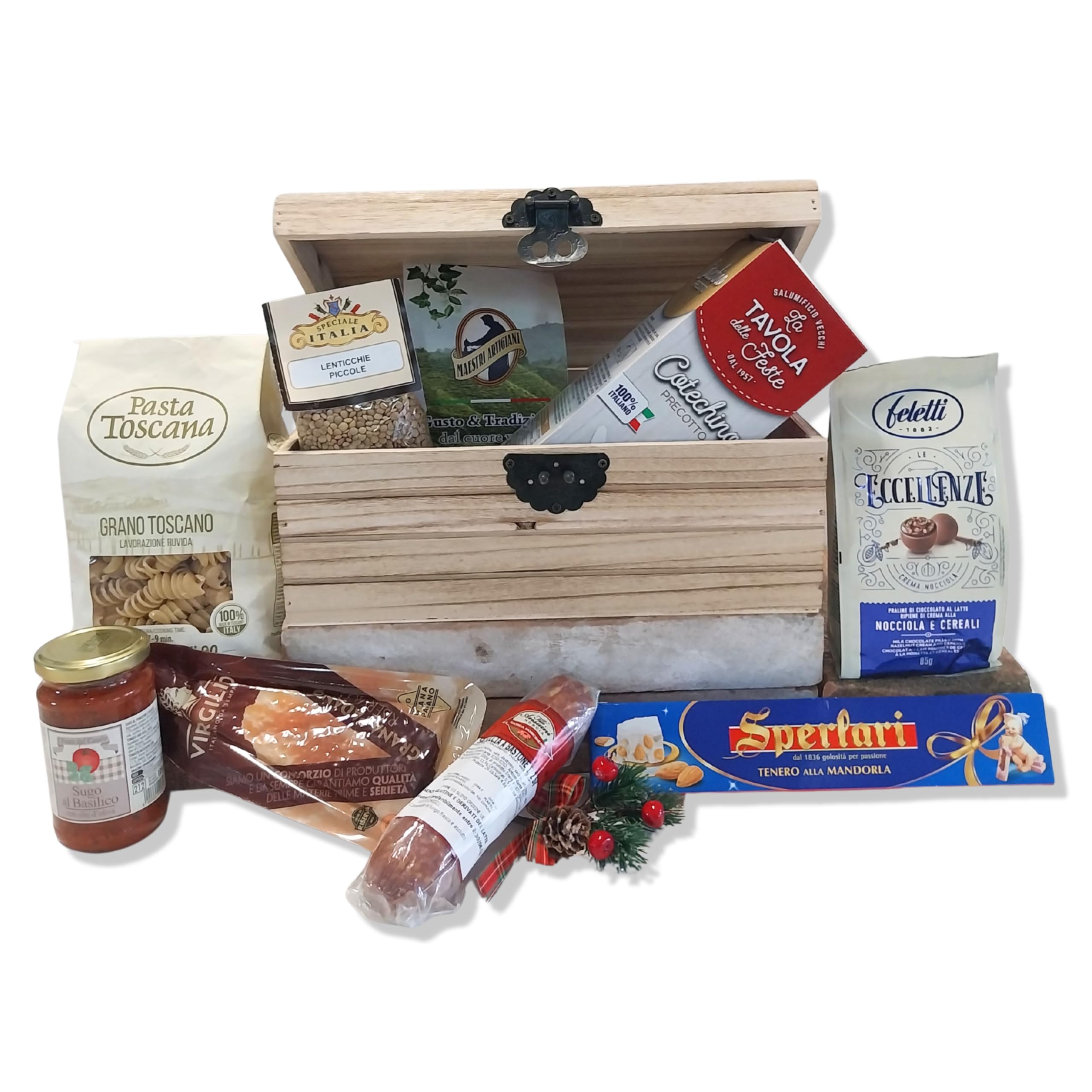 Cesti Natalizi Speciale Italia - Confezione Regalo Natale Baule delle Bontà, Cesto Natalizio Gastronomico con Prodotti Alimentari e Bauletto in Legno, 7 pezzi