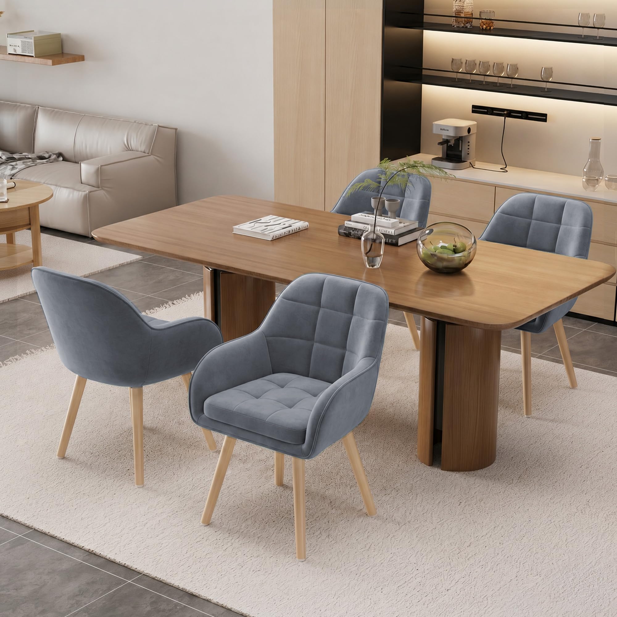 ELUCHANG Esszimmerstühle 4er Set, 10cm Dicke Polsterung Stuhl mit Hohen Armlehnen, Grau Samt, Massivholzbeine + Metallbasis bis 150 kg Belastbar, für Schlafzimmer Küche Wohnzimmer