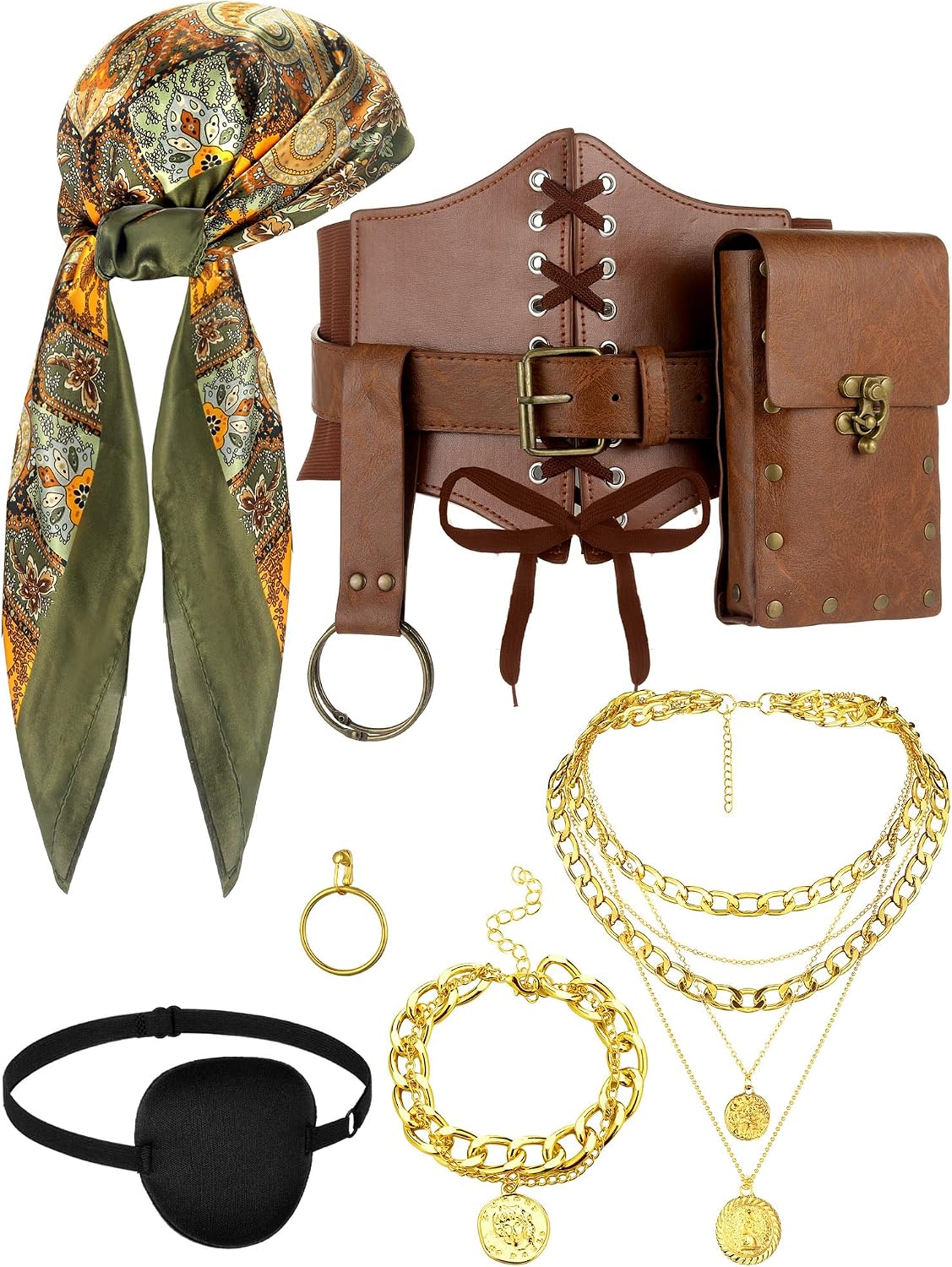 Fourluoo 9 Pcs Pirate Costume Accessories Women Head Scarf Corset Belt Pouch