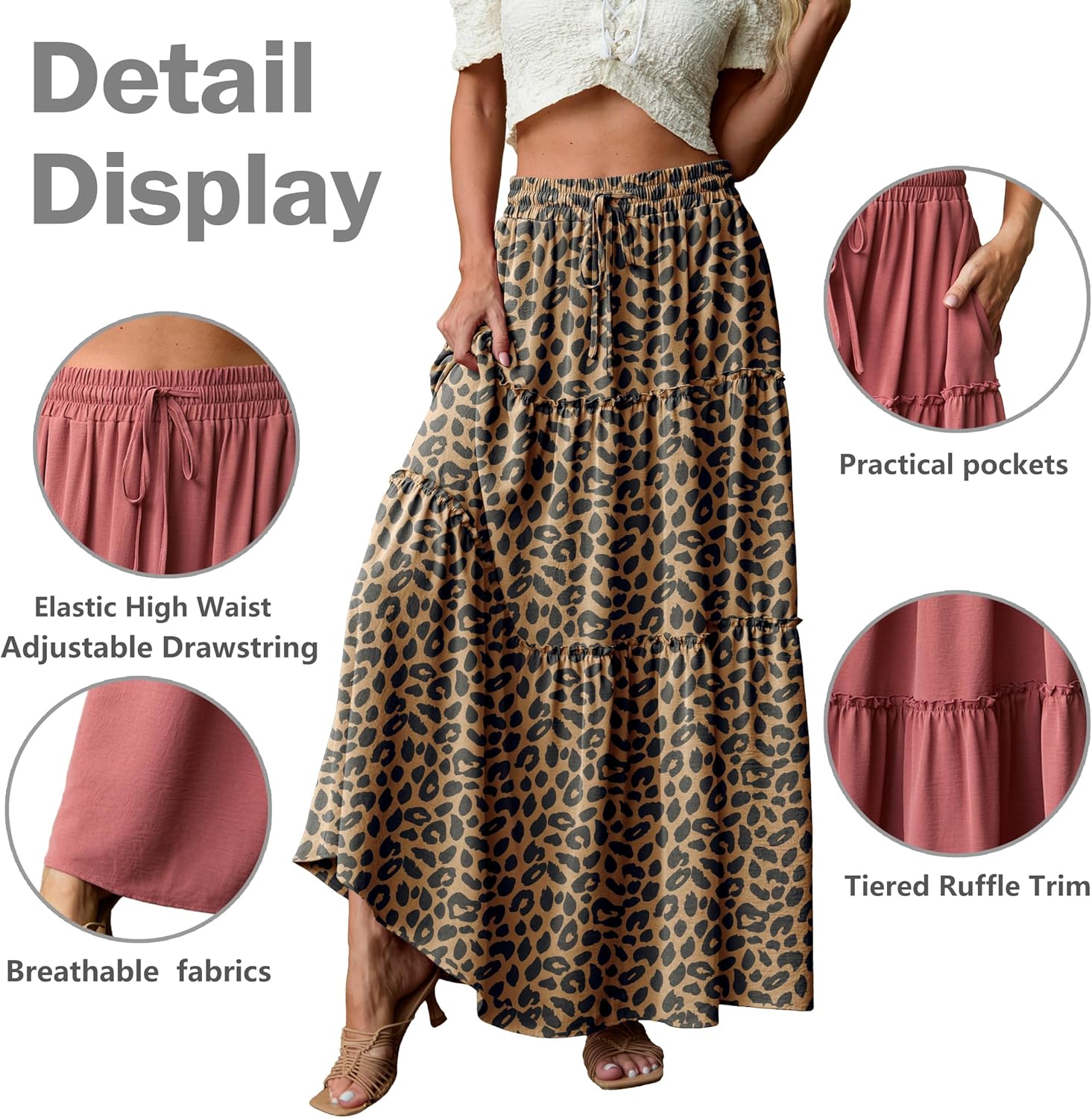 Lepunuo Womens Casual Boho High Waisted Flowy Maxi Skirts Tiered Floral Long Skirts with Pockets for Summer Beach Vacation