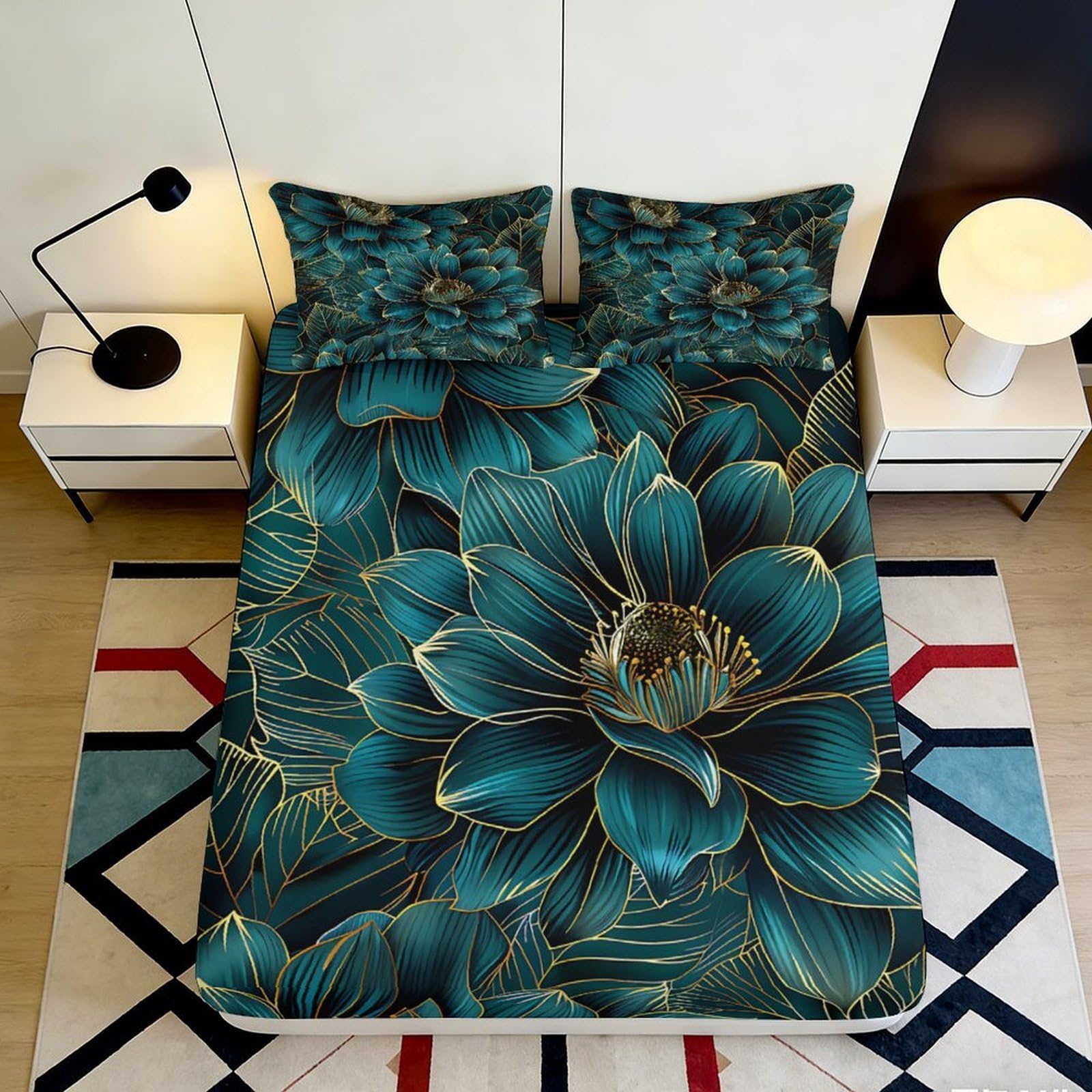 3D Printed Teal Floral Fitted Sheet Microfiber Soft Bedroom Decor Gold Outline Blossom Mattress Cover 90x200x25cm
