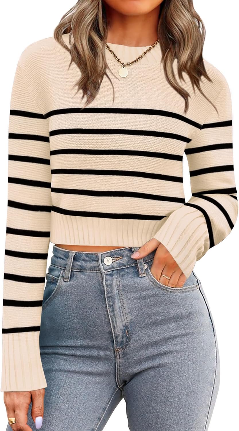 Zeagoo Women's 2026 Fall Crewneck Cropped Sweater Trendy Long Sleeve Ribbed Knit Pullover Jumper Tops