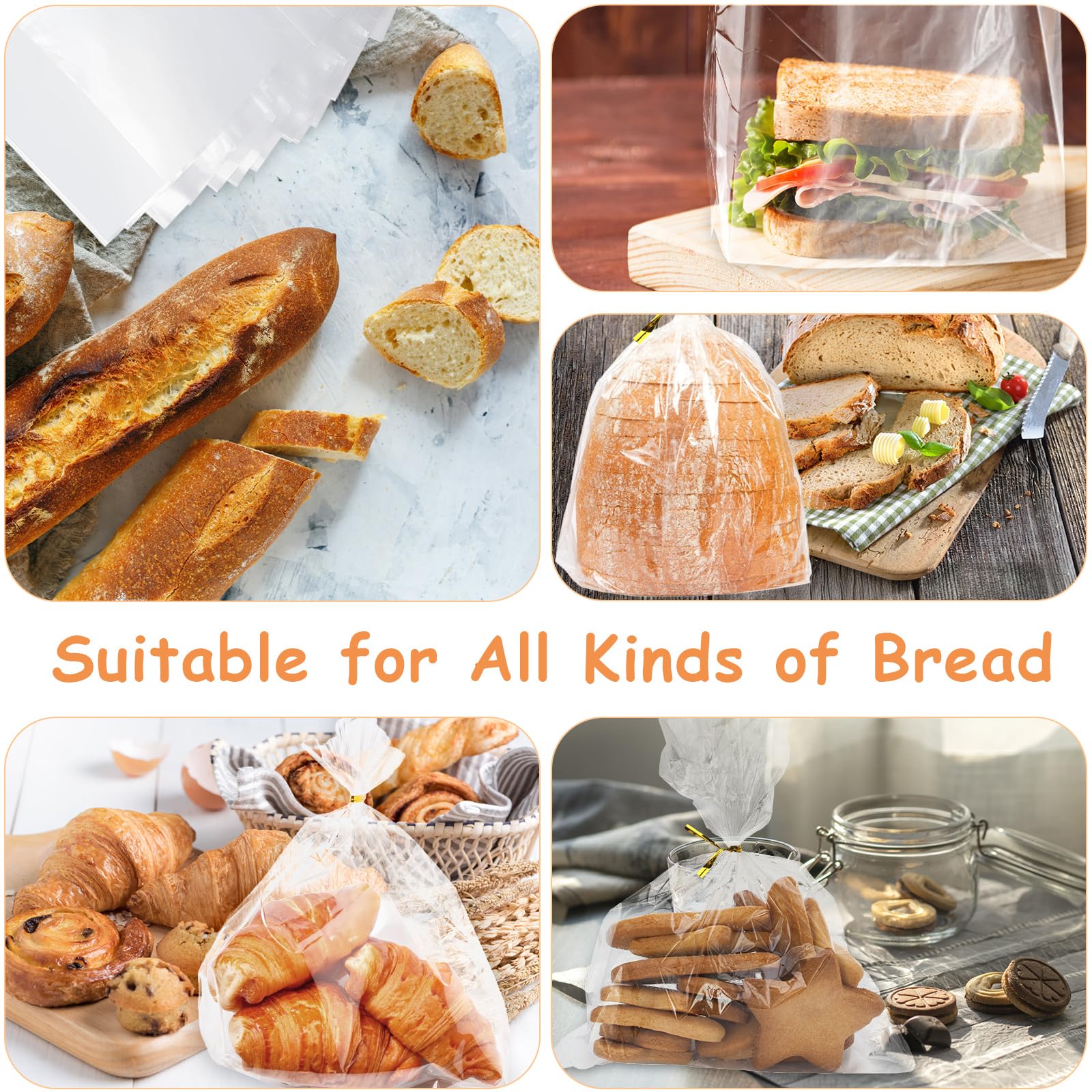 Bolsas de pan con lazos, paquete de 72 bolsas de pan transparentes para pan casero y 100 lazos, bolsas de pan de plástico reutilizables ajustables para panaderos caseros y propietarios de panaderías 7