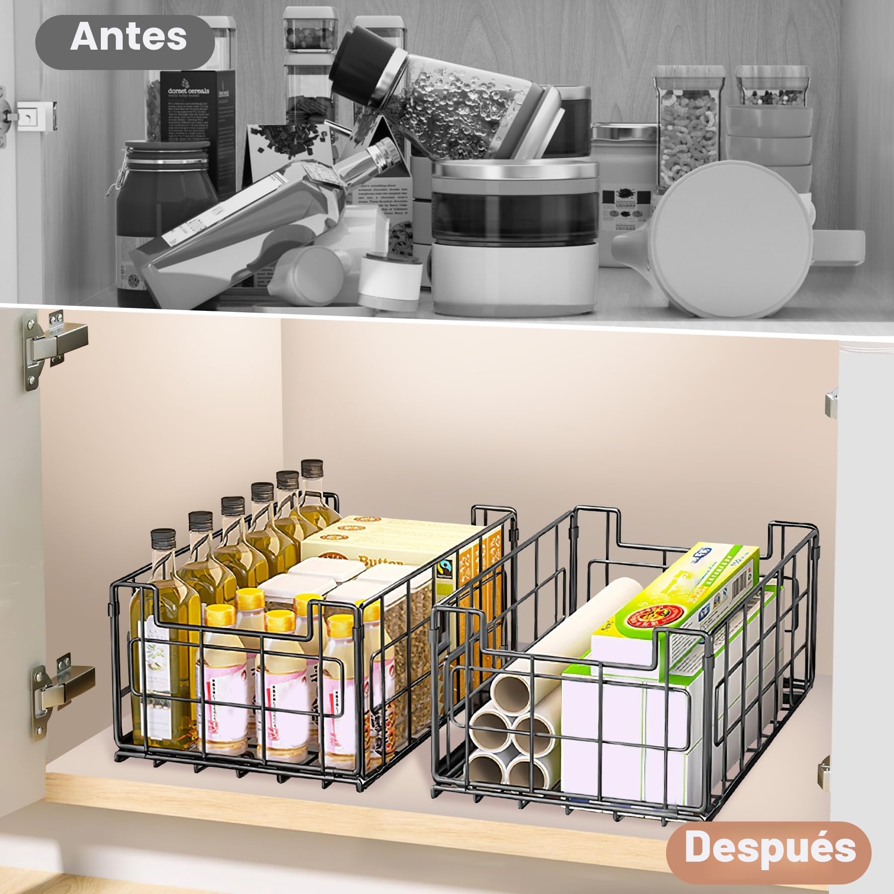 Cajones Extraibles para Cocina, 2 Piezas Organizador de Cajones, no Requiere Taladrar ni Clavar, Bandeja Extraible Armario, Cajones Deslizantes para Cocina, Bandeja Extraible Armario