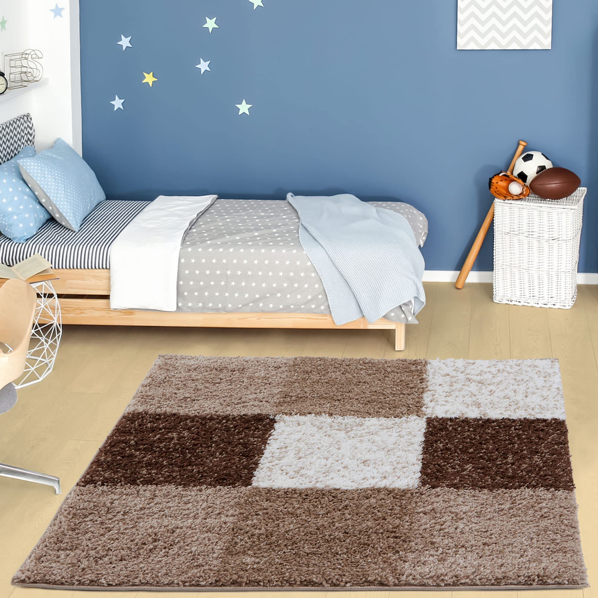 The Rugs Unisex Brown Soft Ivory Check High Pile Shaggy Rugs & Runners Living Room | Size: 120Cm X 120Cm