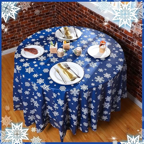 Miniatura 7 de Sliner Mantel de invierno con copos de nieve, mantel redondo de plástico para fiestas, 83.9 pulgadas, mantel de Navidad azul, desechable, telón de