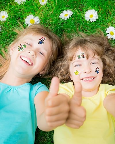 Miniatura 4 de Suministros para fiestas de cumpleaños de Mario  96 tatuajes temporales para niños  12 hojas impermeables y luminosas calcomanías de tatuaje