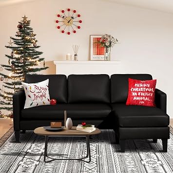 MAGIC UNION Faux Leather Convertible Sectional Couch Sofa, PU Black