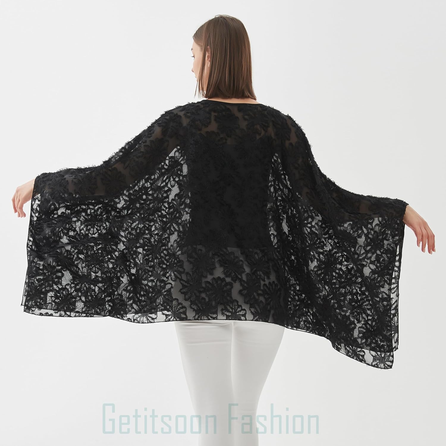 Wiiiwish Women's Loose Solid Long Batwing Sheer Chiffon Caftan Wrap Poncho Tunic Top Topper - Image 6