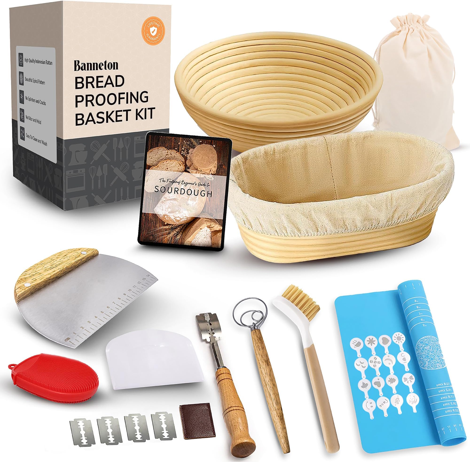 Banneton Bread Proofing Basket Set – Complete Sourdough Bread Baking Supplies – Sourdough Starter Kit – Sourdough Proofing Basket Gift for Bakers - Bread Baskets (9" Round & 10" Oval)