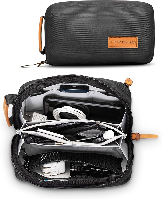 Tech Organizer Pouch for Cables and Accessories | Compact Electronics Organizer with SD Card Storage, Mesh Pockets for Cables, Cords, Chargers, Leather Accents and YKK Zippers