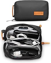 Tech Bag Organizer - Small Electronics Organizer Pouch for Travel - Premium Travel Case with Leather Accents - Mesh Pocket for Cables, Cords and Chargers (Black)
