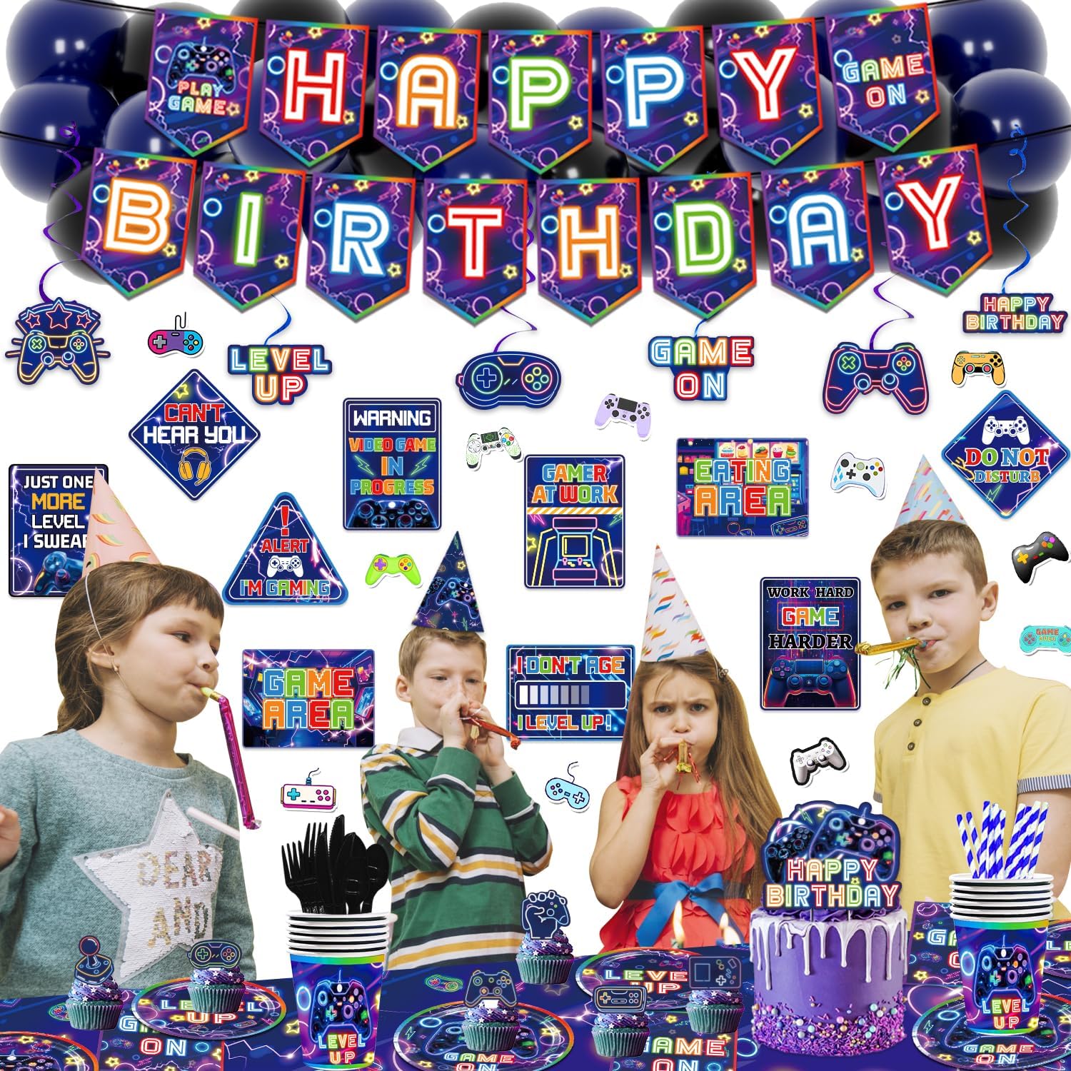 Mpanwen Video Game Party Supplies, 247Pcs Gamer Game Gaming Birthday Party Decorations Decor - Banner, Sticker, Balloons, Cake Toppers, Plates, Tablecloth, Hanging Swirls, Wall Signs Serves 16 Guests - Image 7