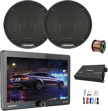 جهاز استقبال الوسائط المتعددة الرقمي Blaupunkt CALI 1000 بشاشة تعمل باللمس مقاس 10.1 بوصة ونظام تحديد المواقع العالمي/واي فاي وبلوتوث وAM/FM ومكبر صوت رباعي القنوات مع مجموعة ومكبرات صوت للسيارة ثلاثية الاتجاهات بحد أقصى 40 وات مقاس 6 بوصات مع سلك