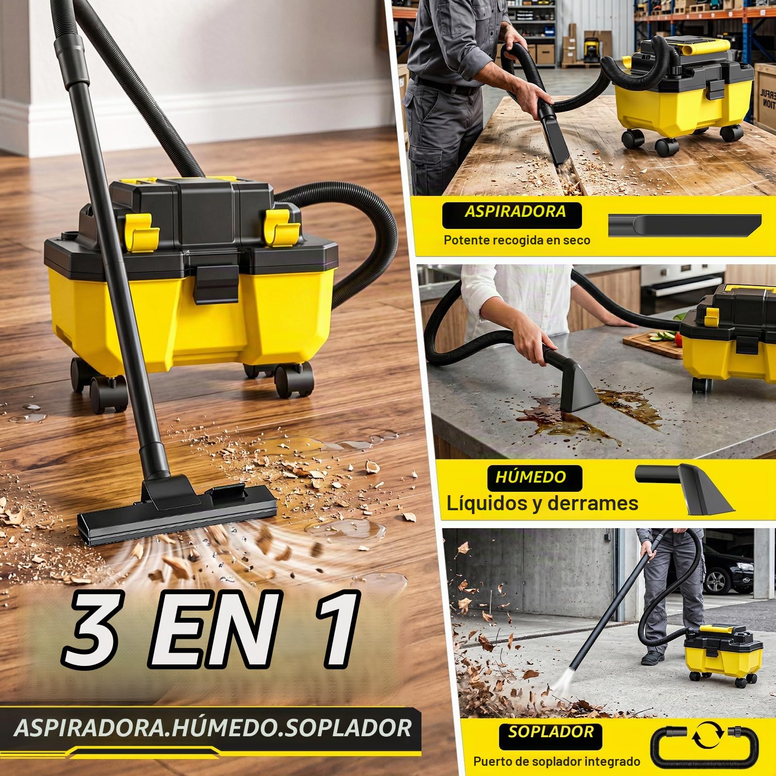 Aspiradora InaláMbrica Para SóLidos Y LíQuidos, Motor Sin Escobillas De 3000 W, 2 BateríAs De 4,0 Ah, Aspiradora De Taller 3 En 1 Con Filtro Hepa, Bandolera, 4 Ruedas Y Portacomplementos, PortáTil Par