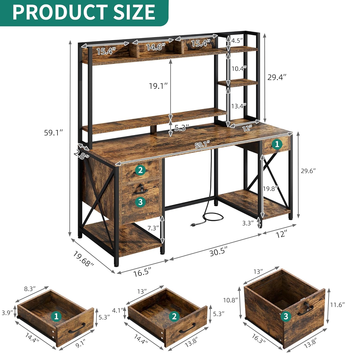 YITAHOME Computer Desk with Drawers & Hutch, 59.1" Office Desk with LED Lights & Power Outlets, Gaming Desk with Monitor Stand & Storage Shelves, Rustic Brown