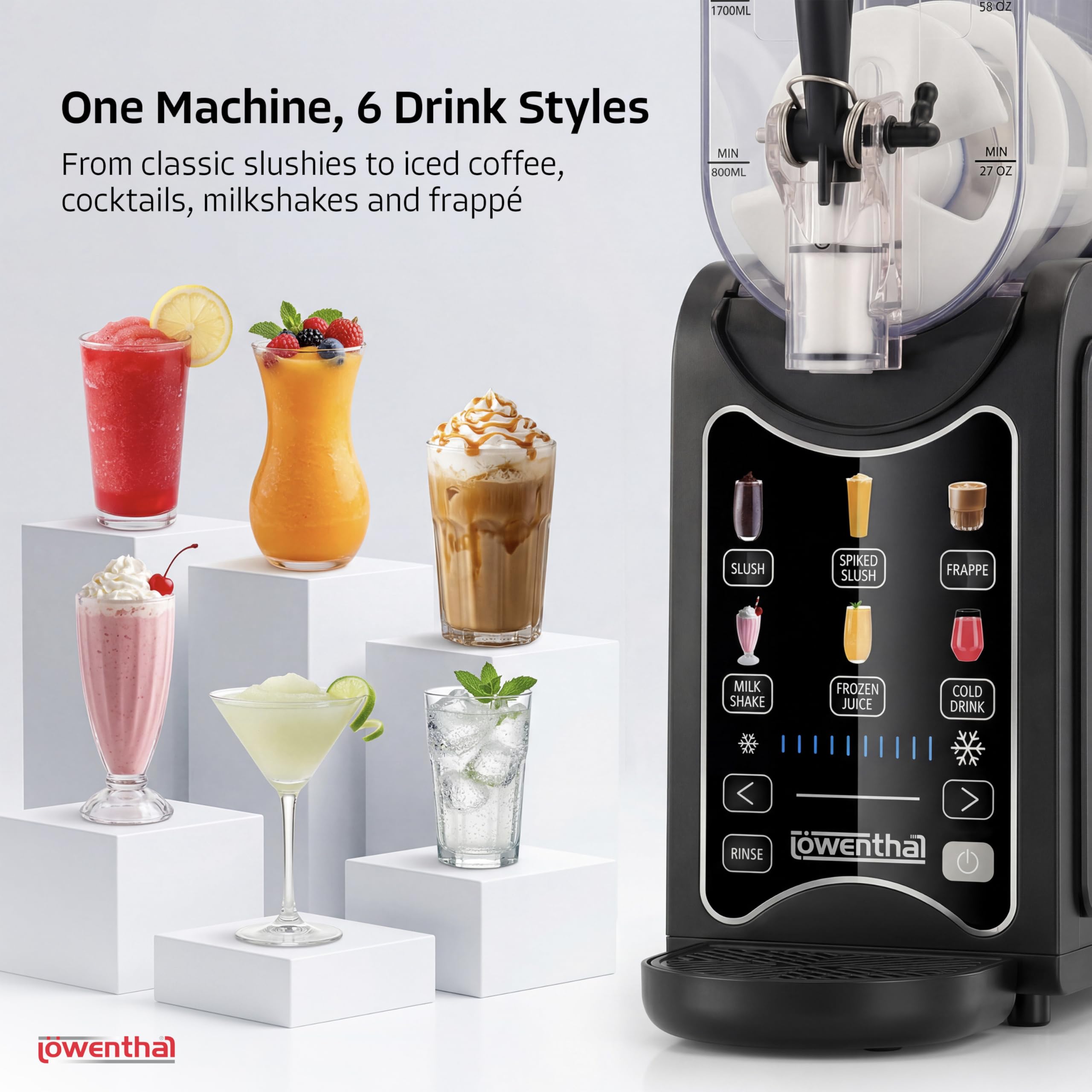 Silvergear® Machine à Granité 2,6 L | Machine à Slush sans Glaçons | 6 Programmes pour Granité, Frappé & Milkshake | Contrôle Température & Rinçage | 46×16×41 cm | Noir Inox
