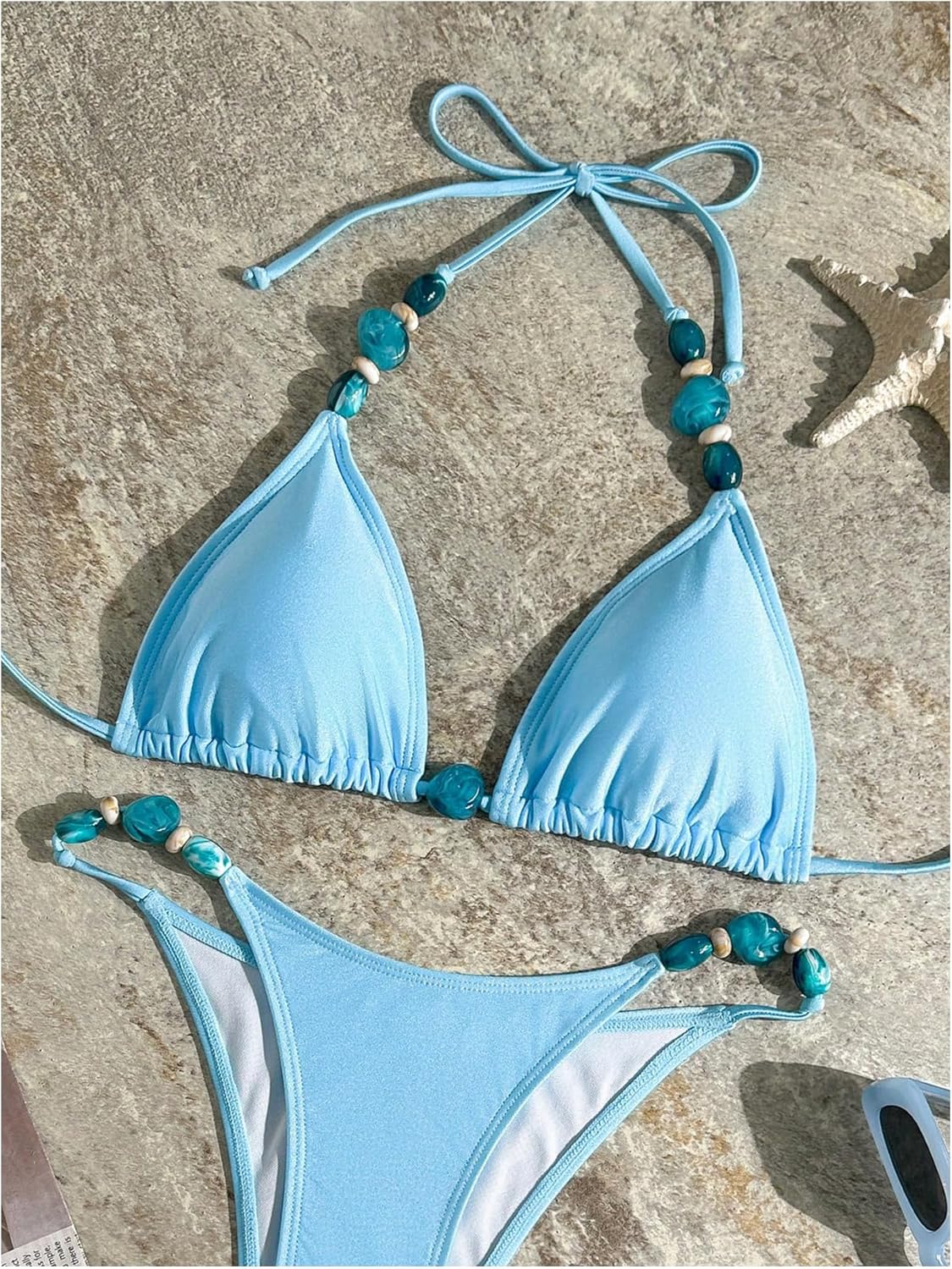 WDIRARA Women's Beaded Triangle Bikini Set Halter String Swimsuit 2 Piece Bathing Suit - Image 6