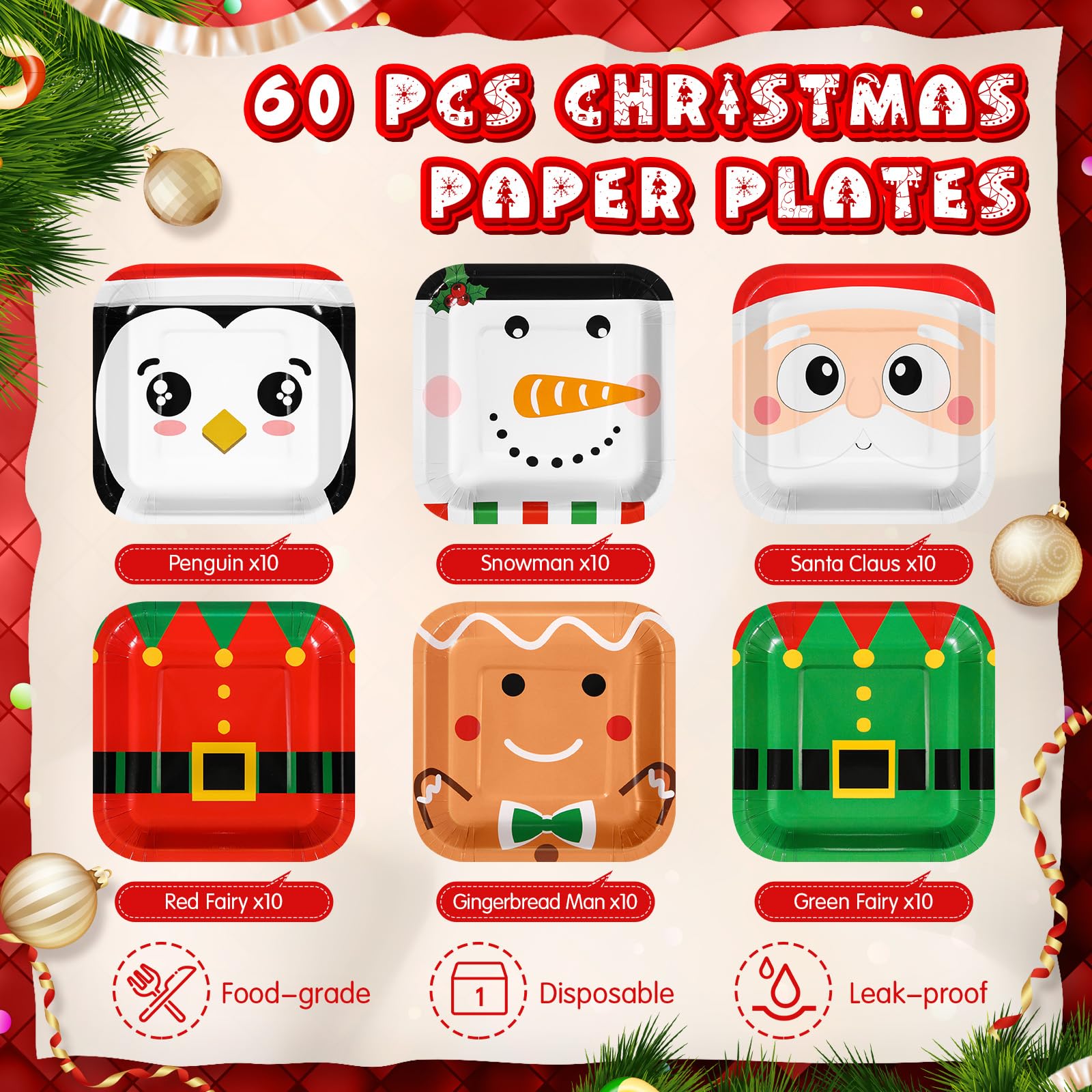 Mimorou Lot de 60 assiettes carrées jetables en carton de Noël de 17,8 cm, motif Père Noël, bonhomme de neige, 6 styles
