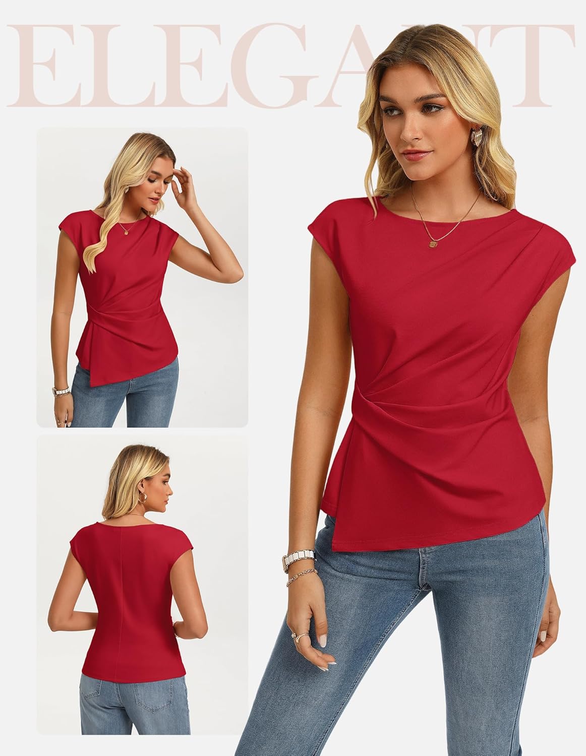 GRACE KARIN Womens 2026 Spring Short Sleeve Tops, Dressy Casual Crew Neck Peplum Shirts, Trendy Tunic Blouses with Knot - Image 2