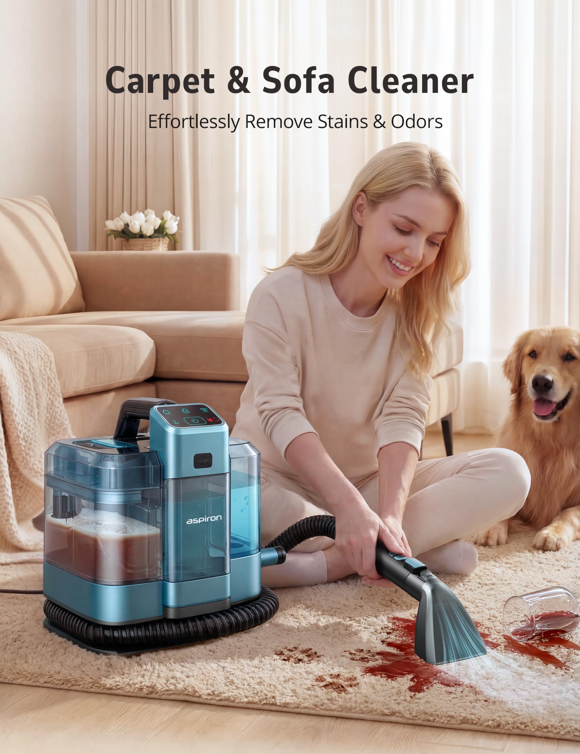 Aspiron Machine de nettoyage de moquette multifonction 20 KPA/1600 W, nettoyeur vapeur professionnel, 9 brosses, réservoir d'eau de 1,7 l, solution de nettoyage de 300 ml, cordon de 5 m, pour tapis