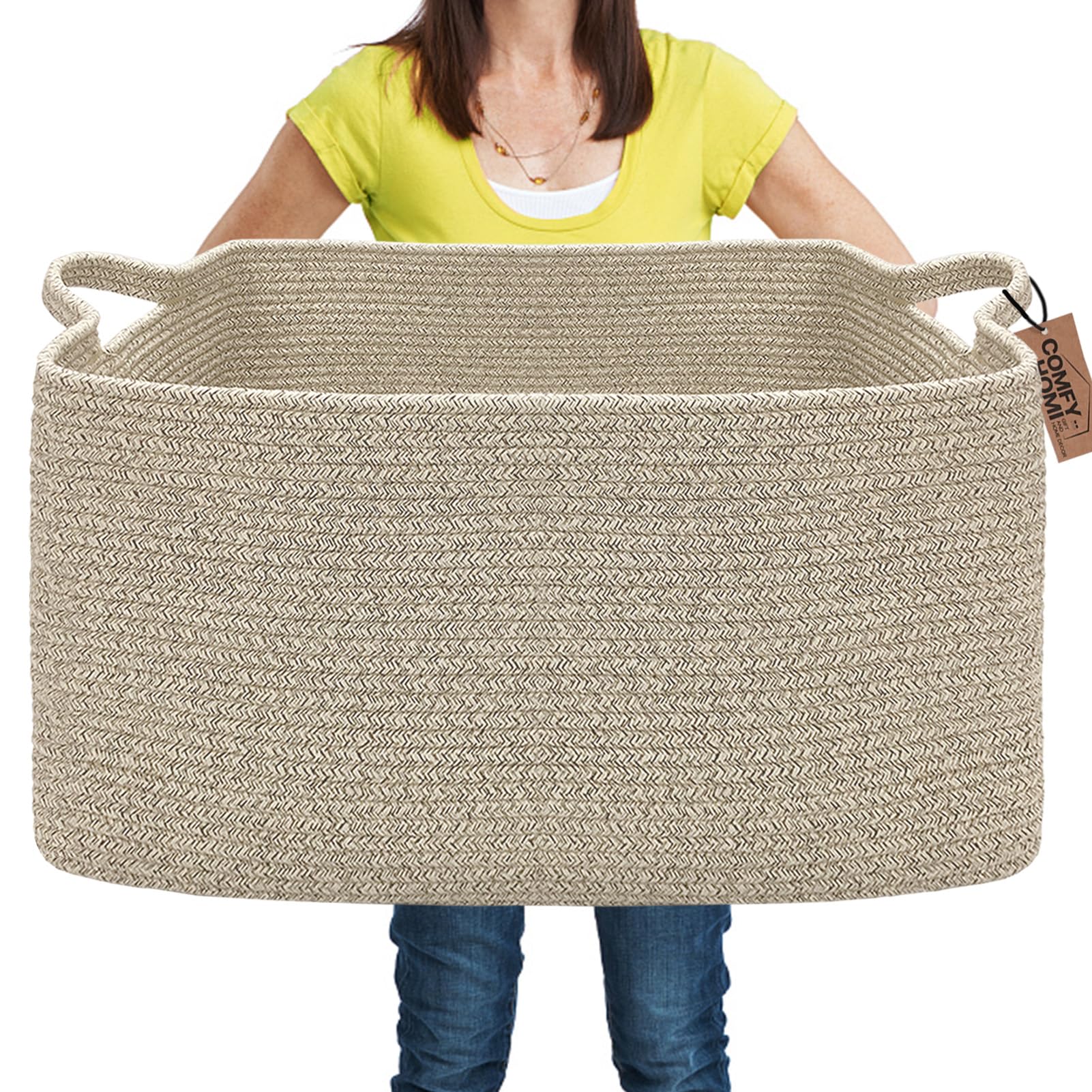 COMFY-HOMILarge Rectangular Blanket Basket, Woven Cotton Rope Baskets for Storage, Laundry Hamper Basket, Storage Bin,Toy Organizing Bin with Handle, Organization and Storage-22x15x12”-Brown