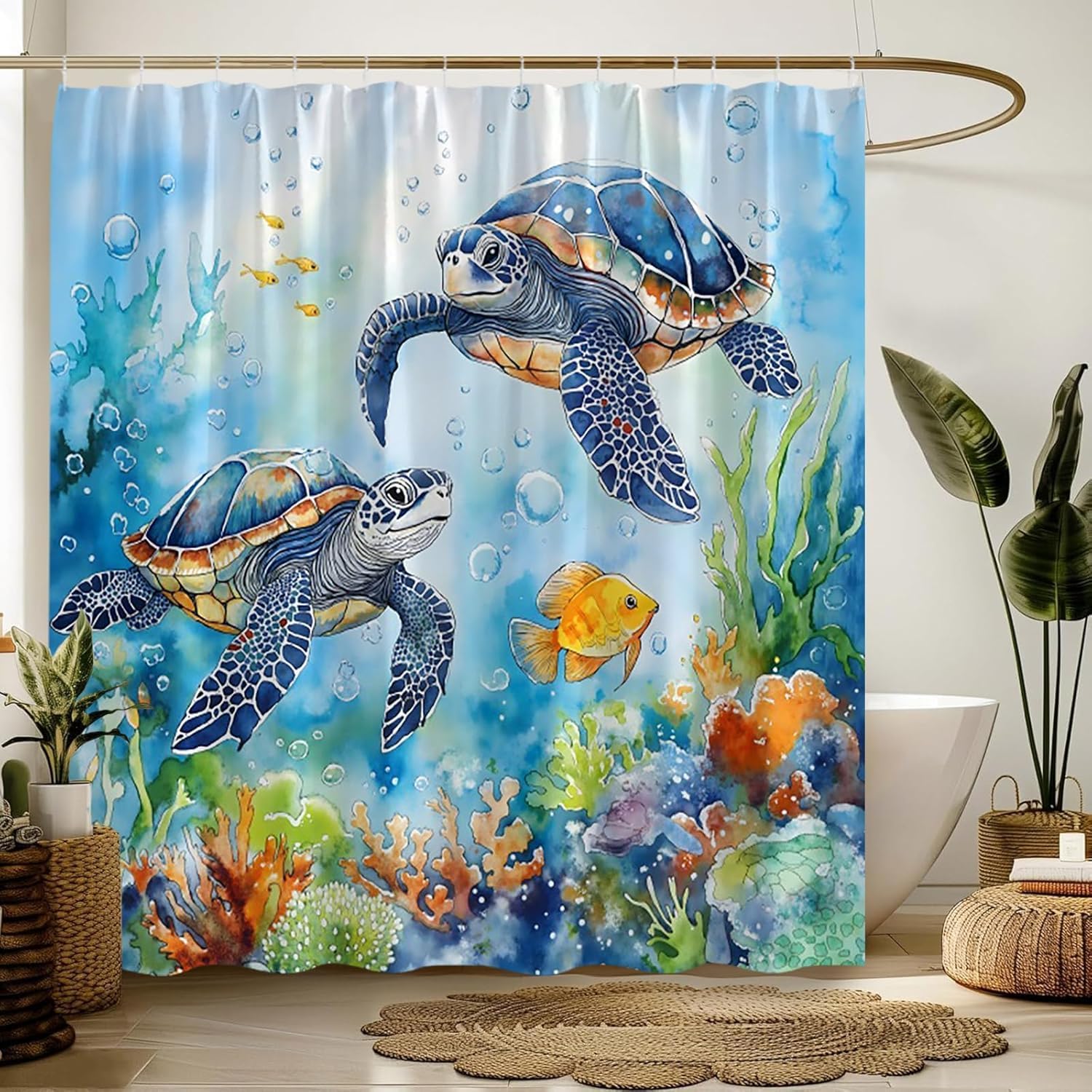 Ocean Turtle Shower Curtain,Blue Sea Animal Coral Fish Underwater Nautical Tropical Polyester Bathroom Curtain with 12 Hooks,Bathtub Home Decor,70x84 Inch