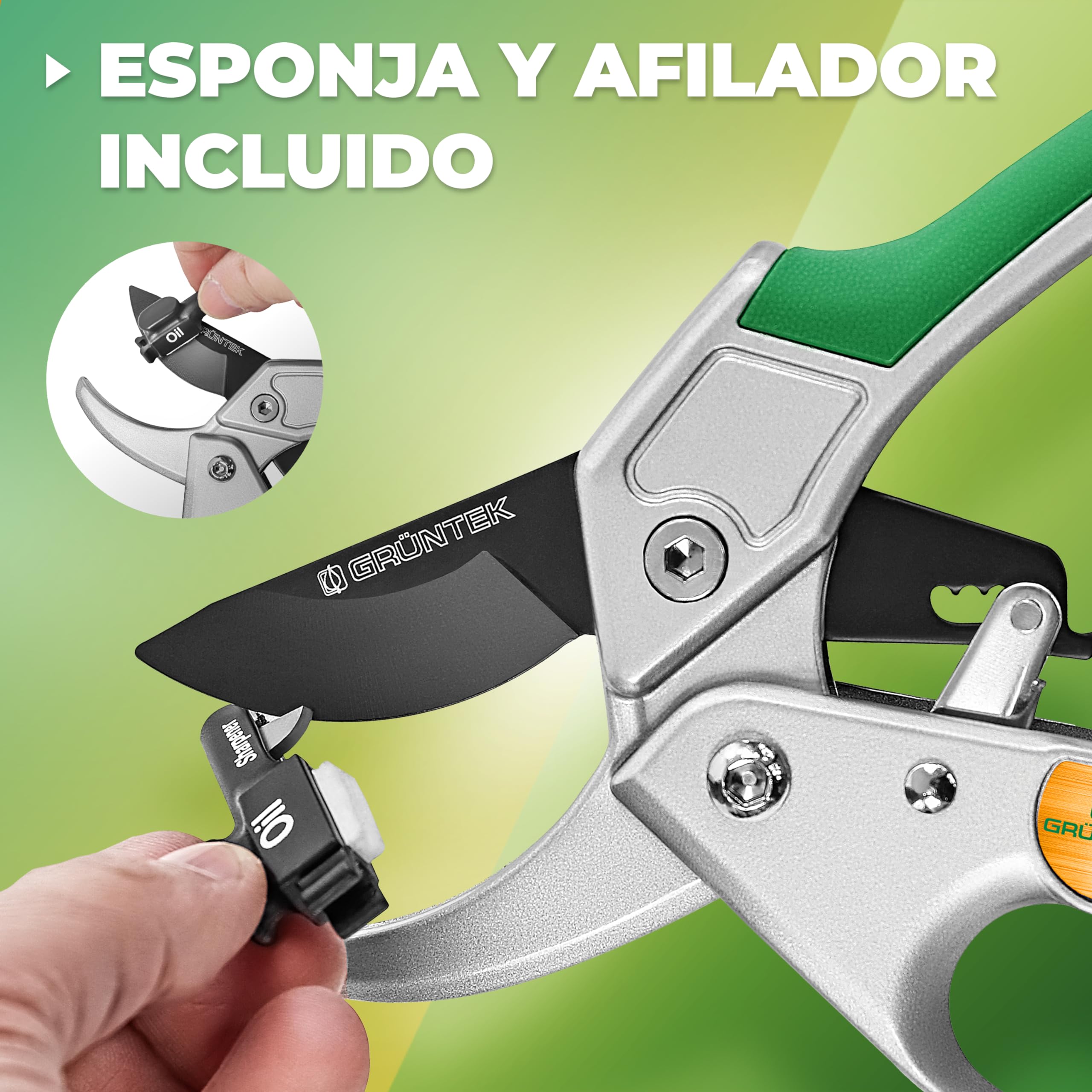 GRÜNTEK Tijeras de Podar Jardín Profesional Cóndor 20cm con Trinquete, Tijera de Yunque Recolectora, Cortarramas con Hoja de Acero Antiadherente y Mangos de Aluminio