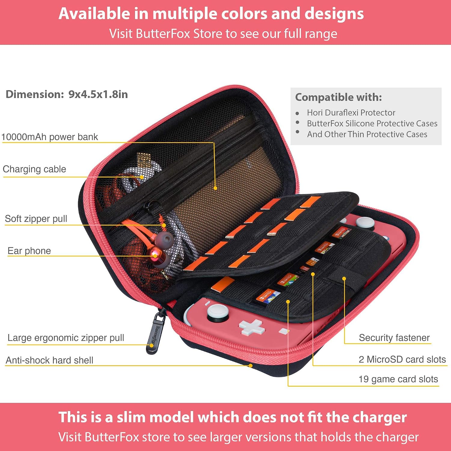 ButterFox Slim Carrying Case for Nintendo Switch Lite with 19 Game and 2 Micro SD Card Holders, Storage for Switch Lite Accessories (Coral Red)