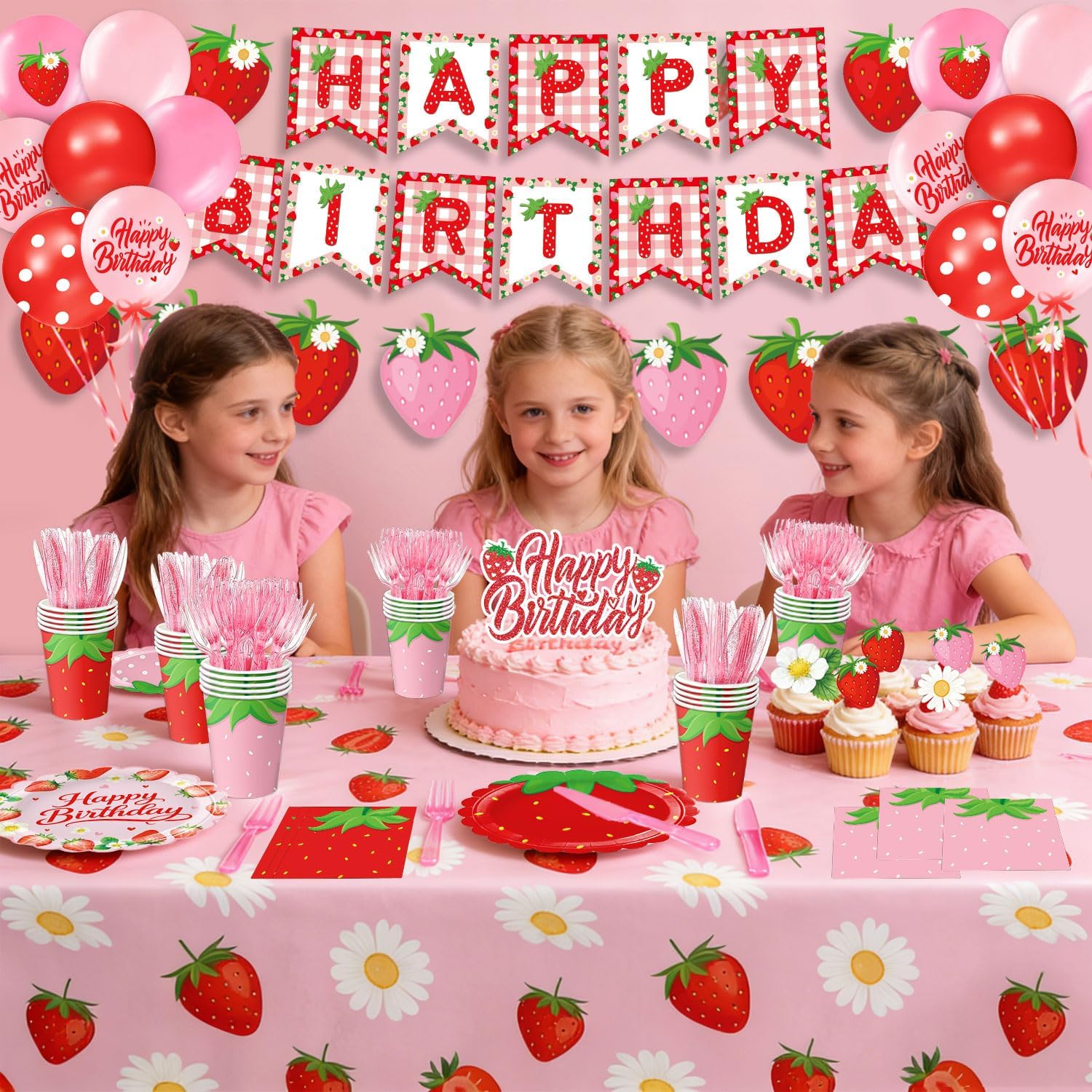 Strawberry Birthday Decorations Includes Plates, Napkins, Cups, Cutlery, Cupcake Toppers, Banner, Tablecloths, Balloons for Berry First Strawberry Shortcake Birthday Decorations, Serves 24