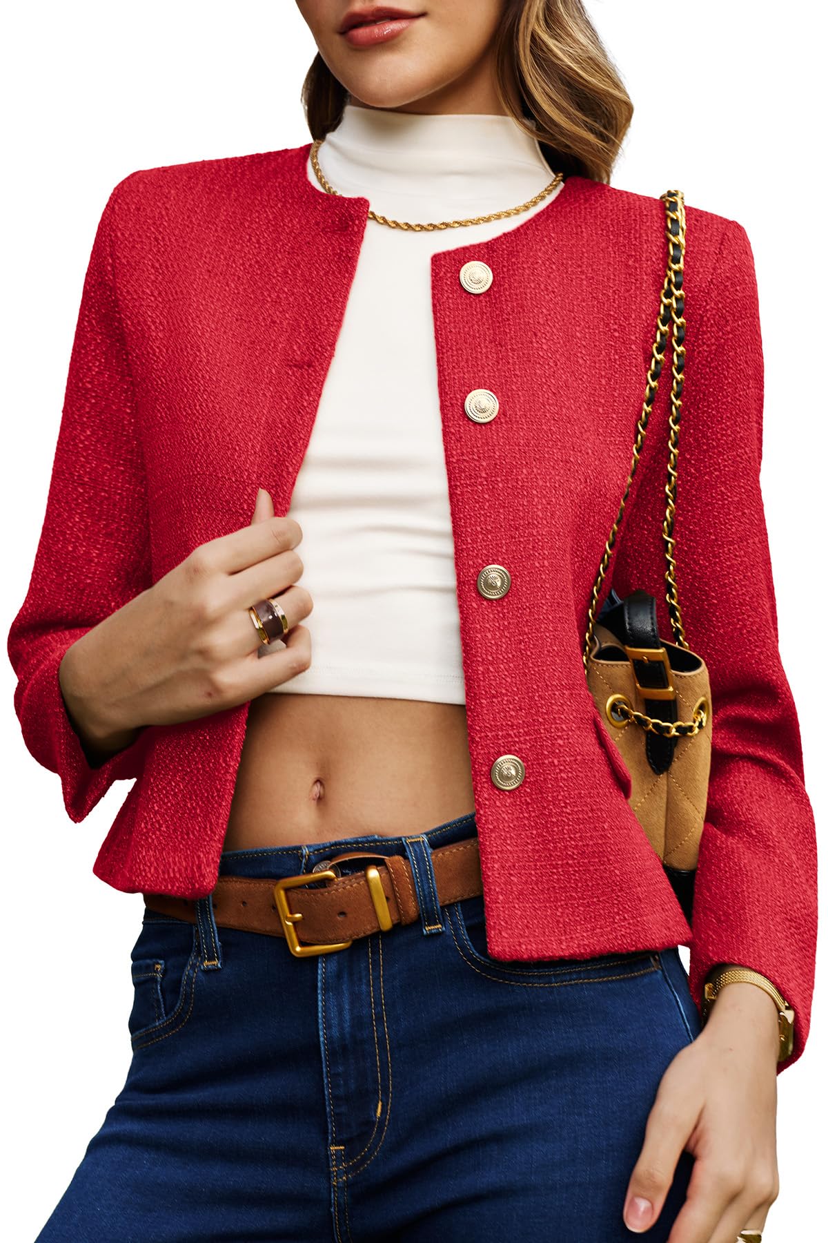 ELLEVEN Womens Cropped Tweed Blazers Collarless Button Down Jacket Business Casual Outfits with Flap Pockets