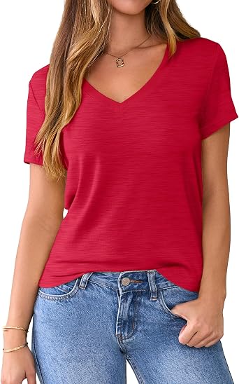 Hatant V Neck T Shirts for Women Slub Cotton Short Sleeve Basic Tees, Soft Stretch Summer Tops, Regular Fit Tshirts Shirts