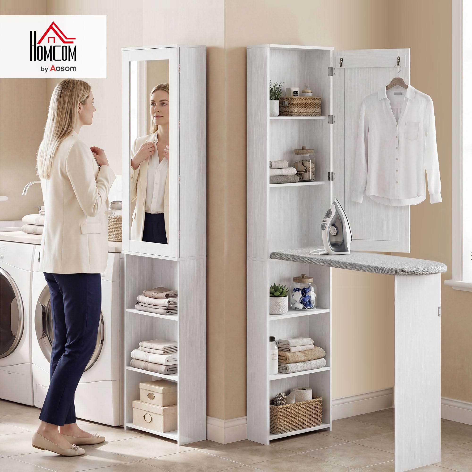 HOMCOM Mobile Asse da Stiro Pieghevole Salvaspazio con Specchio, Mobile da Stiro Multiuso con 6 Scomparti, 2 Ganci, per Lavanderia Bagno, 107x35x174 cm, Bianco