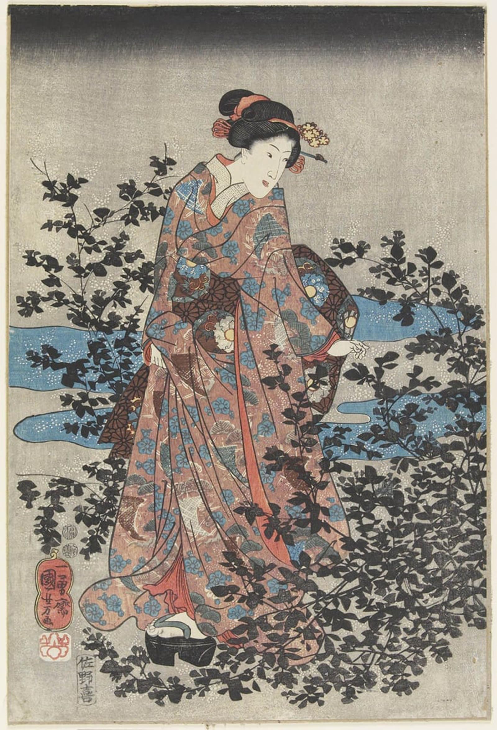 POSTERIIk Famous Print Pop Art Wall Art Graffiti Night Scene with a Beauty and Bush Clovers by Utagawa Kuniyoshi Art Prints for Home Decor 60x90cm