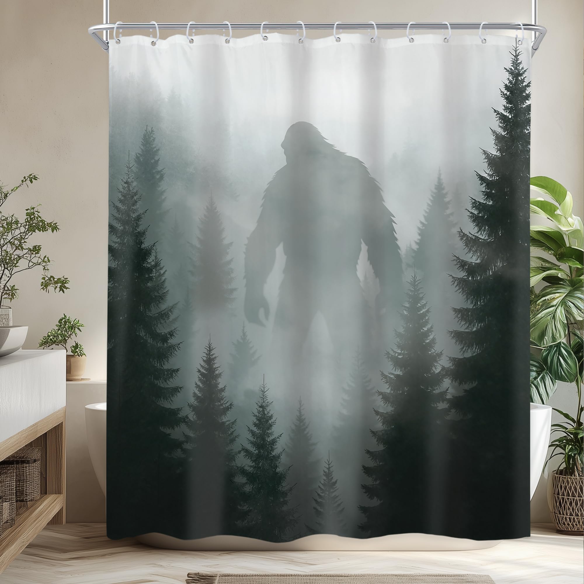 Funny Chimpanzee Sasquatch Mountain Rustic Bathroom Shower Curtain Set — image 1