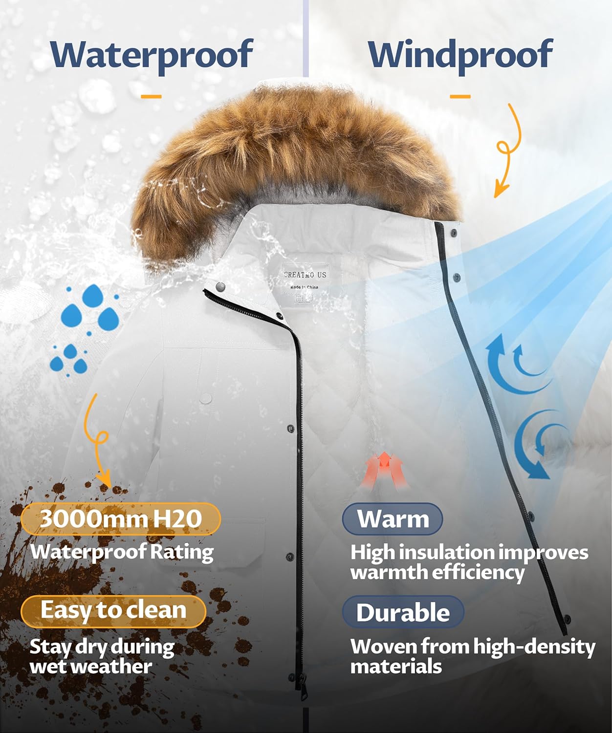 CREATMO US Boy's Long Winter Coat Warm Fleece Lined Waterproof Puffer Jacket Thicken Padded Snow Parka with Faux Fur Hood - Image 5