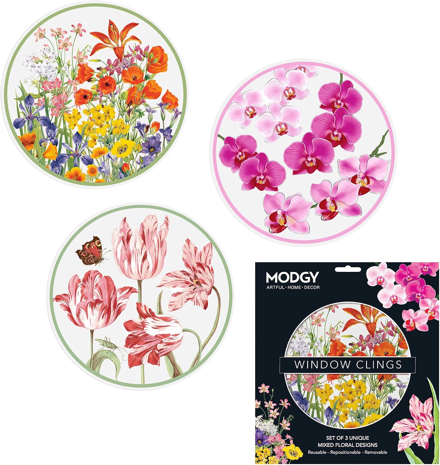 MODGY Window Art Clings, Decal Stickers and Decorations for Glass, Peel and Stick Decor, Removable, Reusable, 9 Inches Each, Set of 3 Per Sleeve, Louis C. Tiffany Lamp Set
