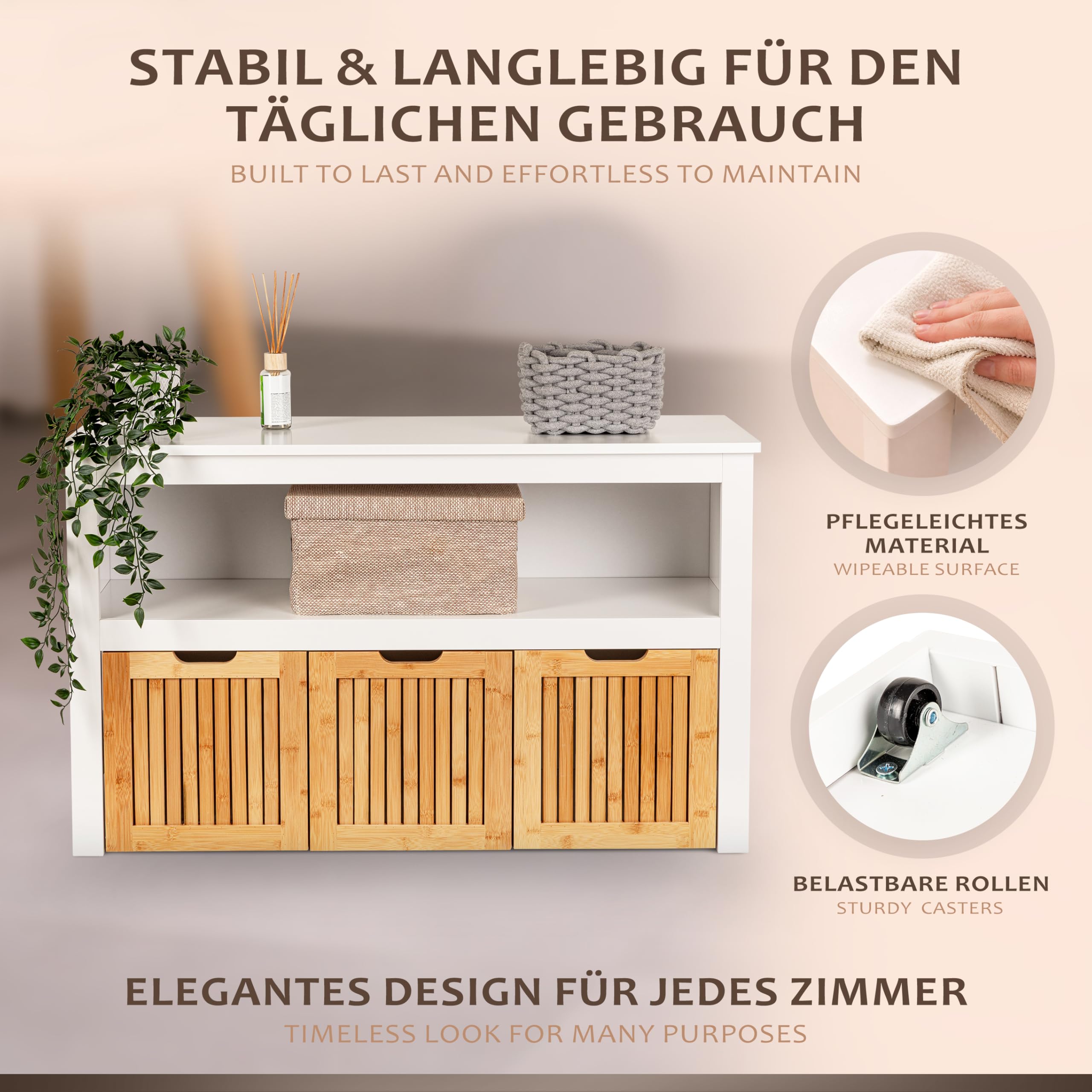 ONVAYA Sideboard mit Rollboxen - Praktisches Kinder Bücherregal und Kuscheltier Aufbewahrung - Modernes Spielzeugregal inkl. 3 Aufbewahrungsboxen - Durchdachtes Kinderregal als Spielzeug Organizer