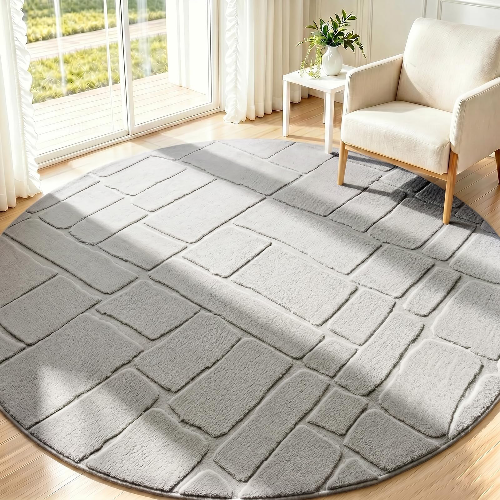 Famibay Rugs Living Room Round 160x160cm Washable Modern Geometric Bedroom Rug Non Slip Bedroom Carpet for Living Room Dining Room Grey