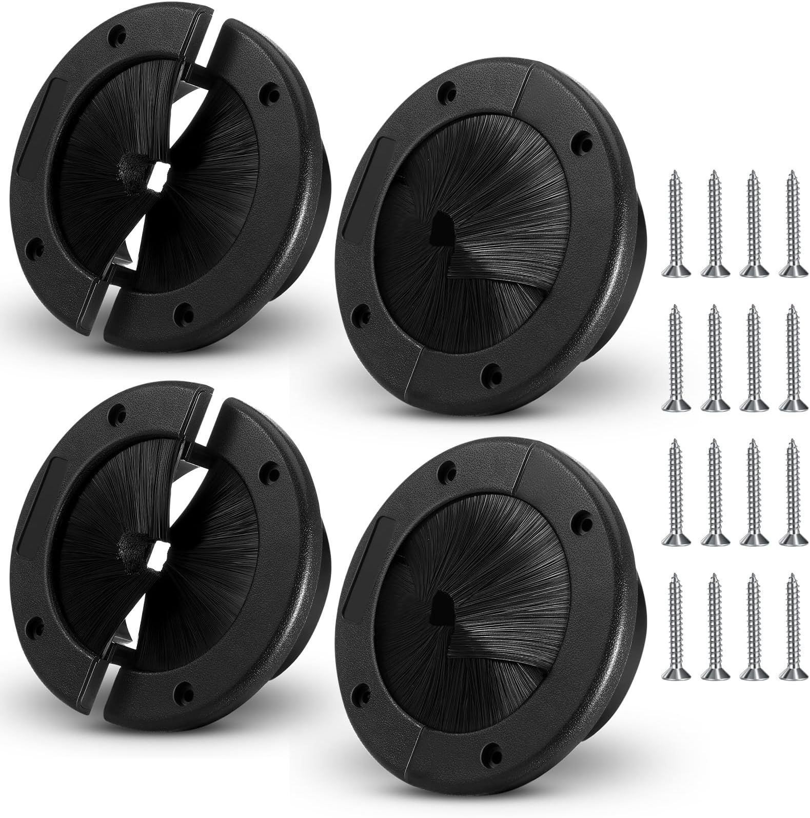 Threlaco 4 Pack 4" Round Brush Grommet Large Split Grommet Raised Floor Airflow Management for Home Data Center Wall Floor Cable Management
