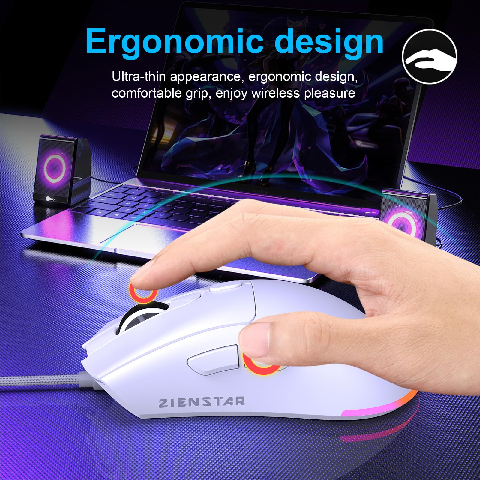 HXMJ Przewodowa mysz do gier USB C, 7200 DPI, ergonomiczna mysz z podświetleniem RGB do Apple MacBook, komputera lub laptopów z portem typu C, biała
