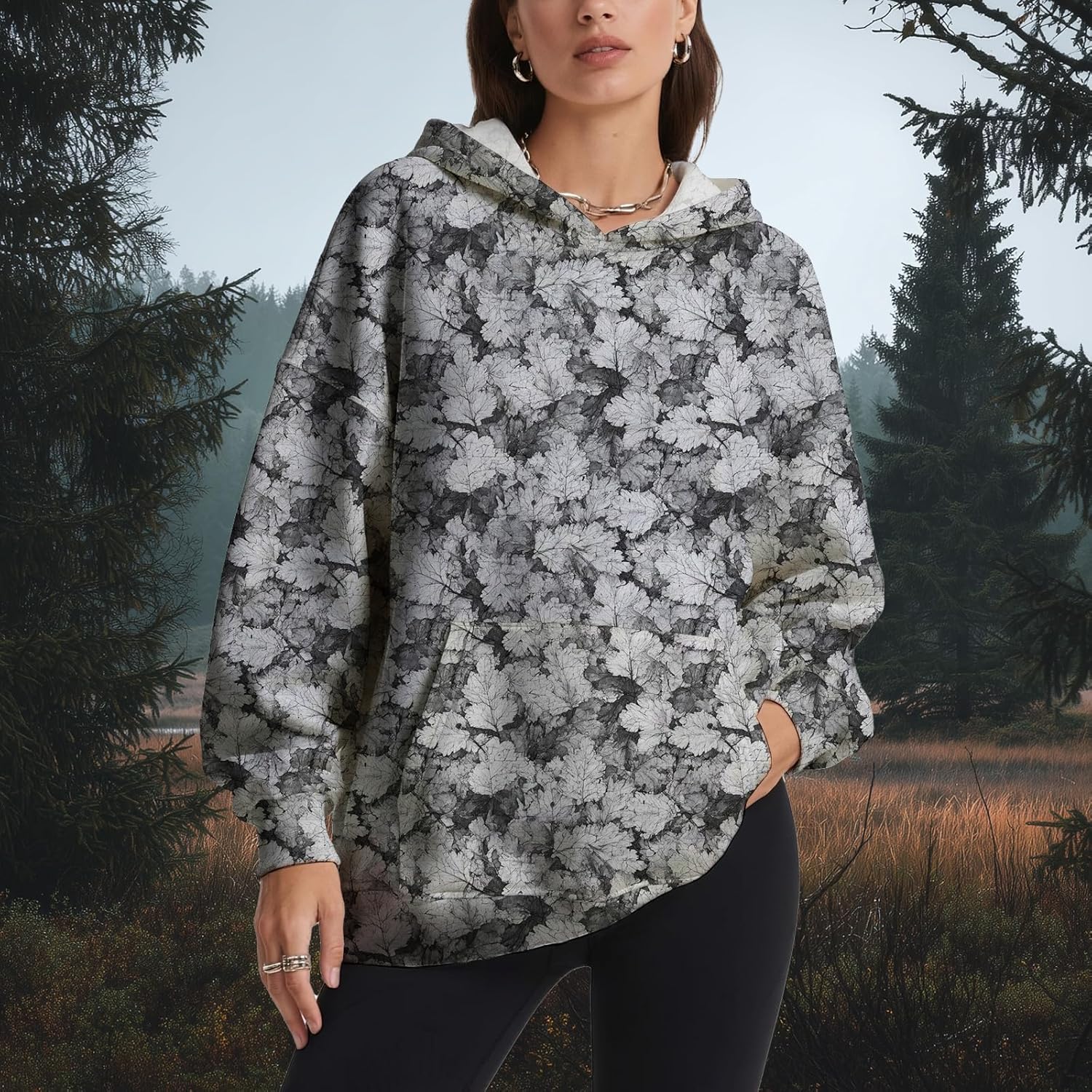 Women’s Oversized Camo Hoodies 2025 Fall Trendy Maple Leaf Print Long Sleeve Hooded Sweatshirts with Kangaroo Pocket
