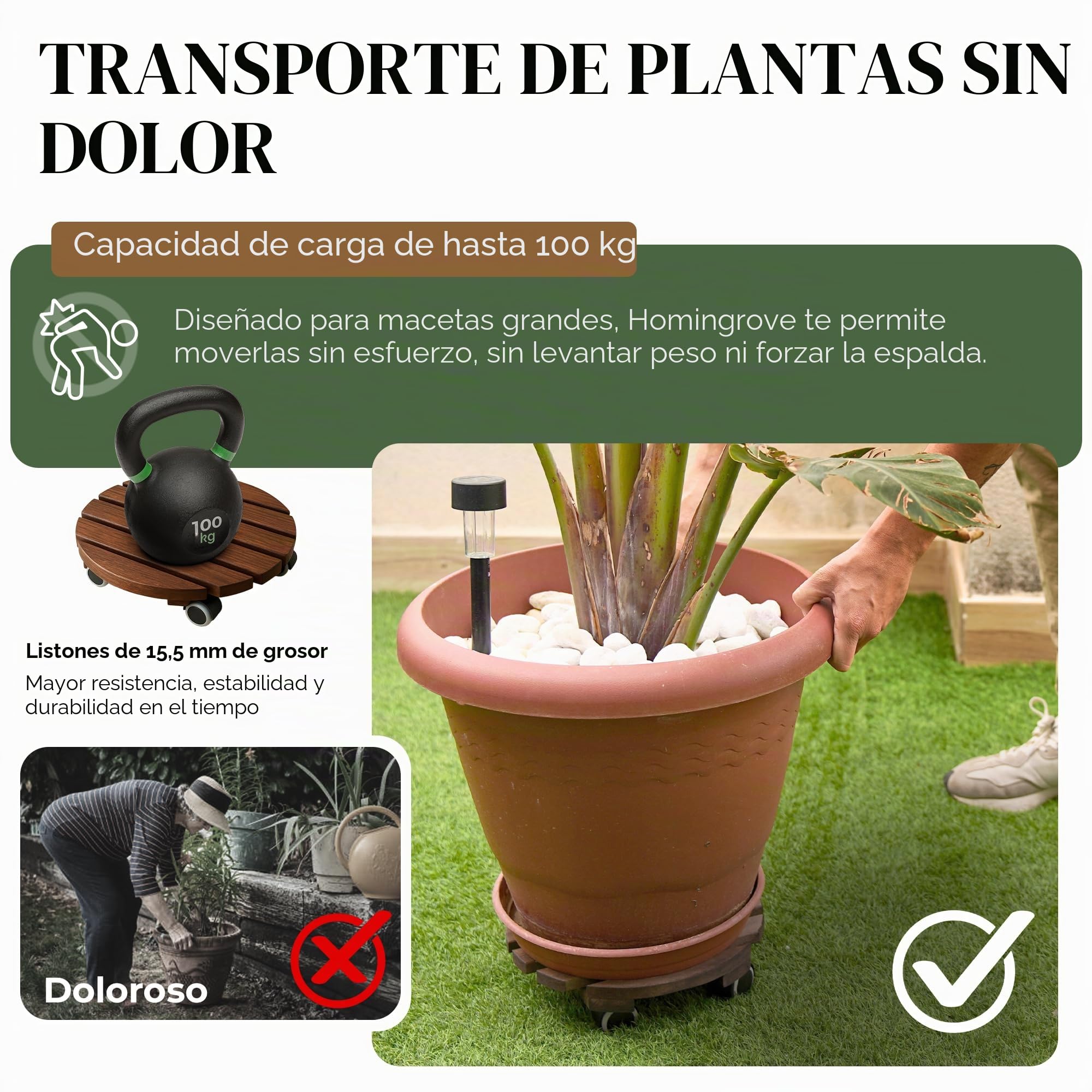Set 2 uds Base con Ruedas para Macetas Ø 30 cm – Listones de Madera de Aliso FSC 15,5 mm de Espesor, hasta 100 kg, Ruedas 360° Silenciosas con Freno, Interior/Exterior, Resistente a UV y Humedad